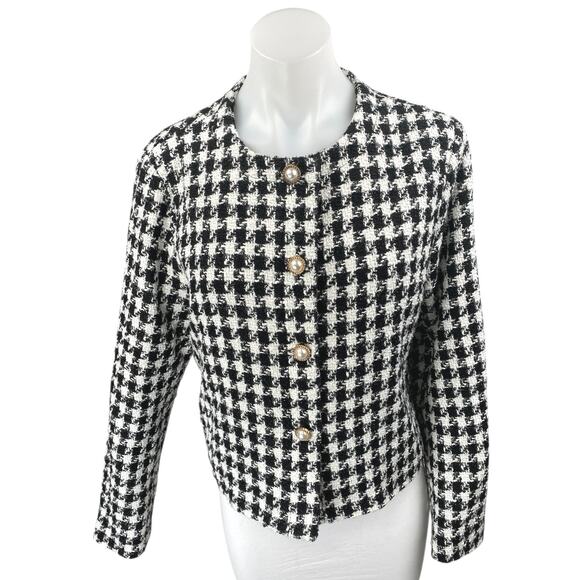 PLM Black Tweed Checkered Houndstooth Pearl Button Long Sleeve Coat Jacket Sz M - Picture 1 of 4